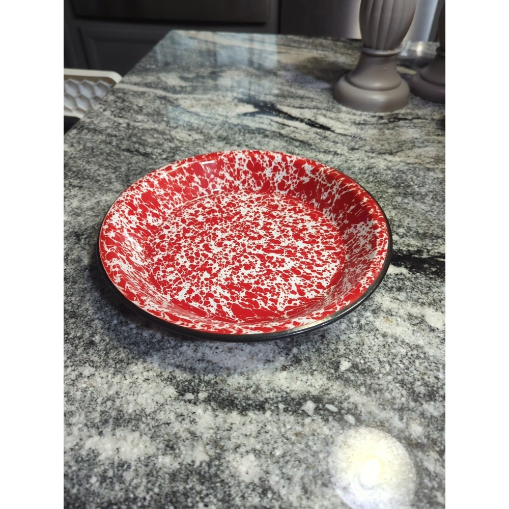 Vtg Red Speckle on White Enamel Coated 10 Inch Pie Plate /Pan Enamelware